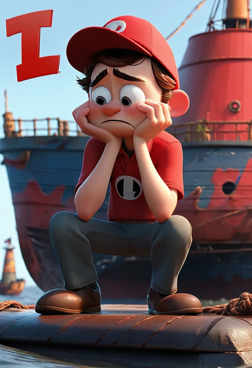 Image shows a man with a red cap written "PT", the man is crying and is making an "L" with his hands. In the background there is a sinking ship. Pixar style image.