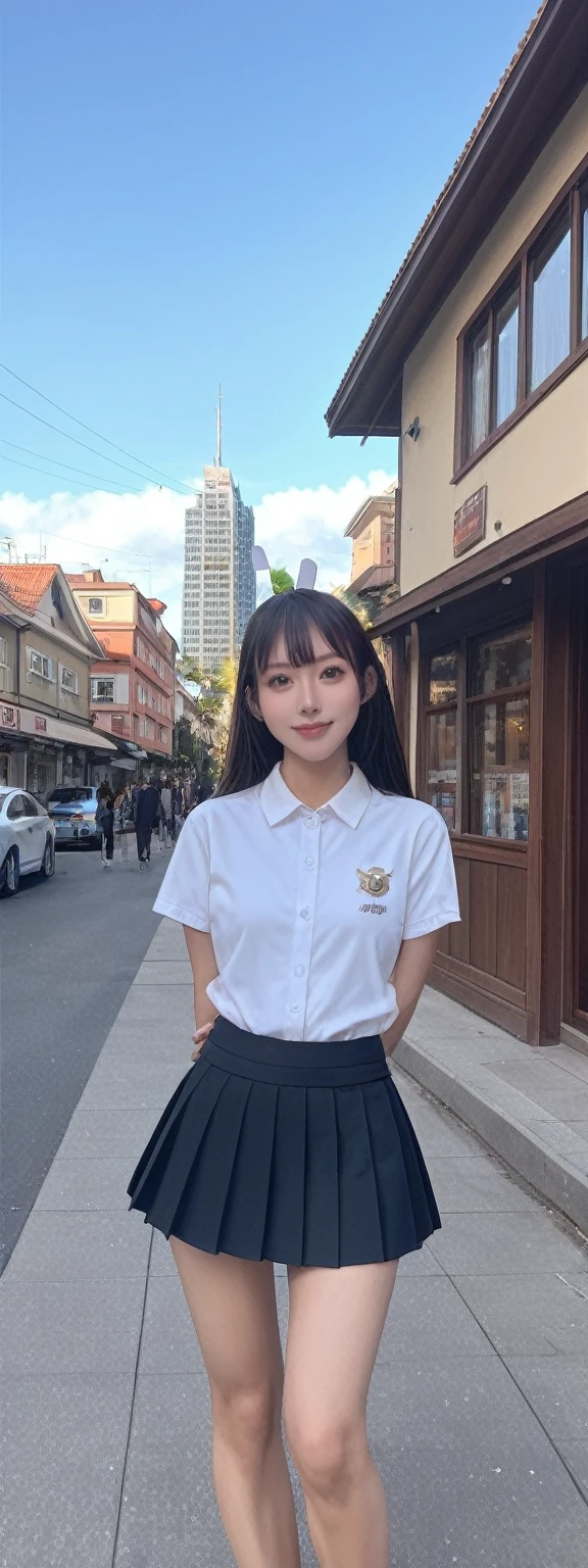 realistic,score_9, score_8_up, score_7_up,
(robot:1.2), detailed, 1girl, hair, looking at viewer, (top:1.4), (mini skirt:1.3), city, people, arms behind back, sunny sky, house, street, cafe,Give a V victory sign,