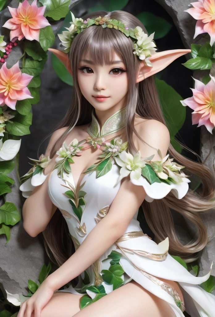 beautiful Japanese elf, (elf ears)perfect and angelic face, long hair, (decorated with flowers) fringe, full body, she's holding a baby dragon, wearing a beautiful short tight dress made of leaves,she's gracefully sitting on stone surrounded by sparkling flowers (high quality),(refined details)