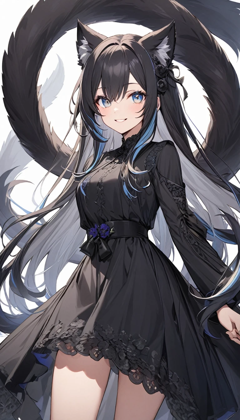 (Double tail), Colored highlighted hair, dark gray long hair,, 1個女孩綁著Double tail, highly detailed eyes, dress, Smile