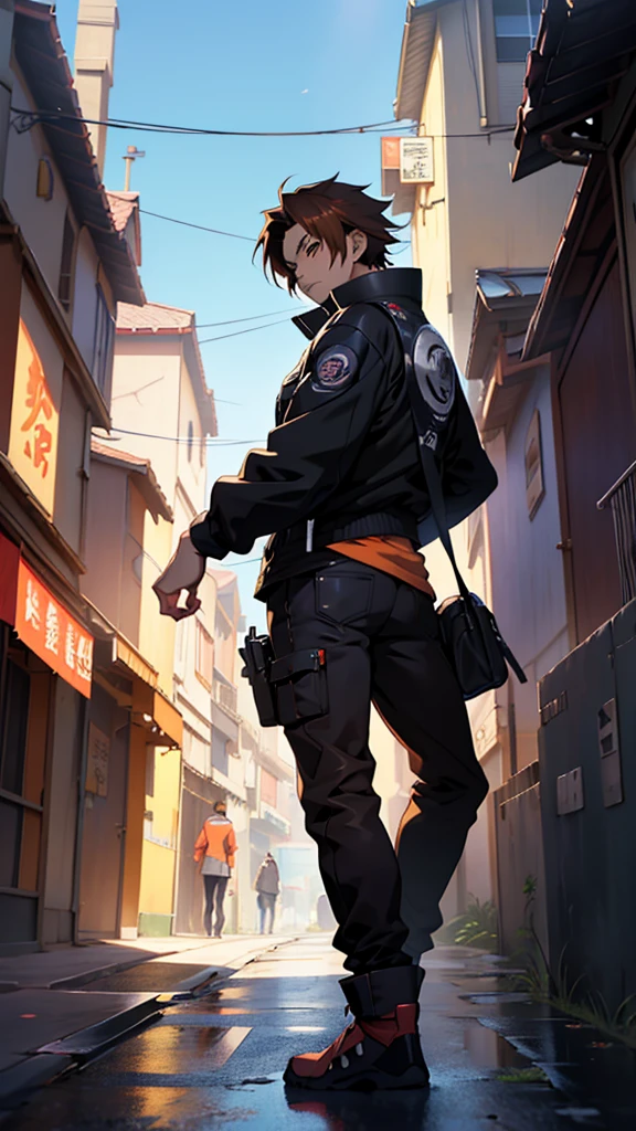 an anime character with orange eyes and dark hair in the middle of a city street, anime character portrait, stunning anime face portrait, naruto artstyle, anime style artwork, anime style 4 k, anime character art, anime art wallpaper 4 k, anime art wallpaper 4k, realistic anime art style, anime style hyper detailed, anime art style, anime portrait, anime trending artwork, realistic anime 3 d style, digital advanced anime art, advanced anime digital art, anime style art, anime art wallpaper 8 k, trending anime artwork, anime painting, a boy eith squad position