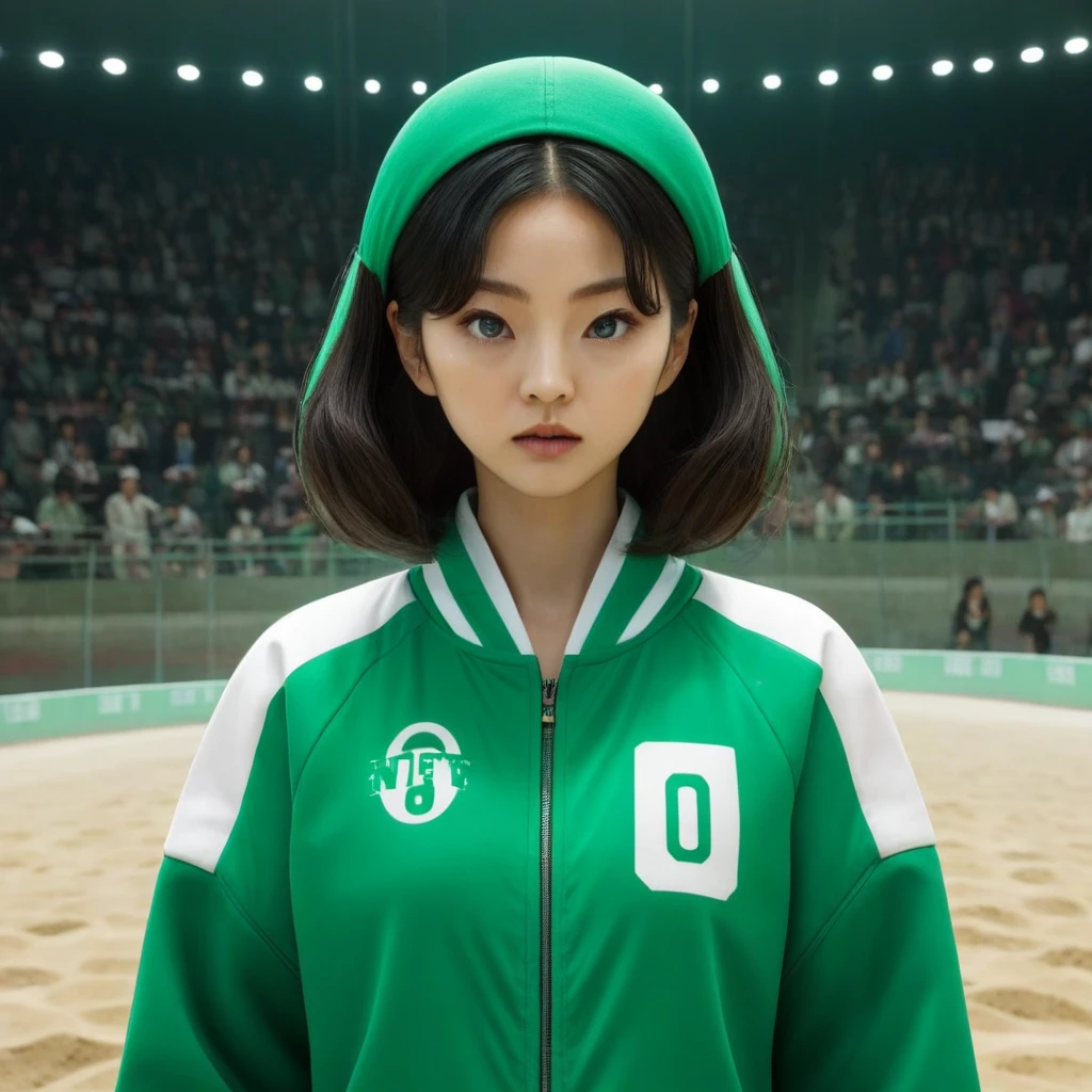 Hoyeon Jung, korean woman, 1 woman wearing green and white jacket, make sure the number (067) on the top left of the jacket, netflix, squid game, Kang Sae-byeok, in a stone arena, front view
