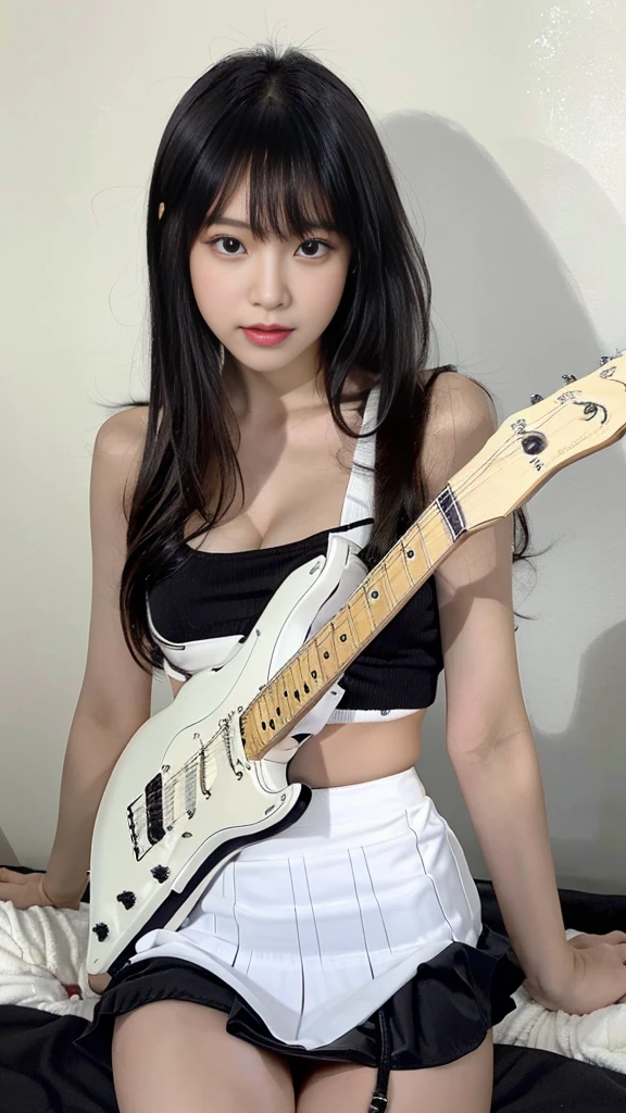 Highest quality, masterpiece, RAW Photos, Realistic, Realistic:1.2、One Girl、Japanese、Girls like 、Innocent face、The face is slightly rounded、 Girl,cute,、Baby dee、(plays the Electric guitar:1.5)、(Electric guitar:1.5)、(Spread your legs:1.2)、(Showing white panties:1.4)、(Cute tank top)、(Black mini skirt:1.5)、(Oversized clothing、Sloppy dressing、Rough Dressing)、Black Hair、(ロックコンサートのステージ上in:1.3)、(in S.debt.in.:1.1)