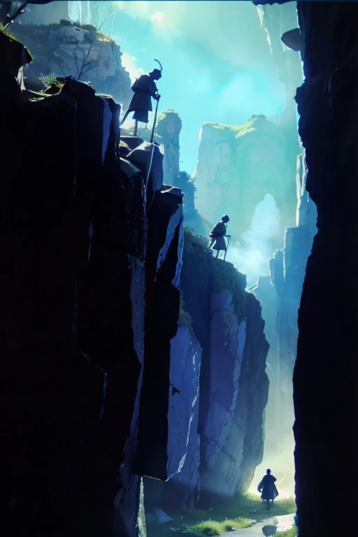 Dark path between two rocky cliffs, It has on its two walls rows of mega-skeletal rock statues of dark monks in cassocks.., light blue and green light tones