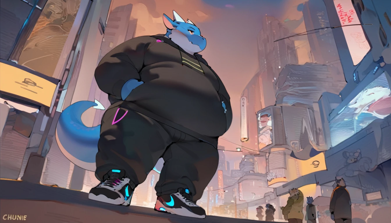 Dragon, male, adult, anthro, fat, chubby, plump,fetis chubby belly, cyberpunk fashion style, wearing black Hoodie, Long trousers, sneakers, out camera view, detailed background, colour full, In the middle of the city, Modern era, three point perspective,pixiv artwork, by quanjiang ,by chunie
