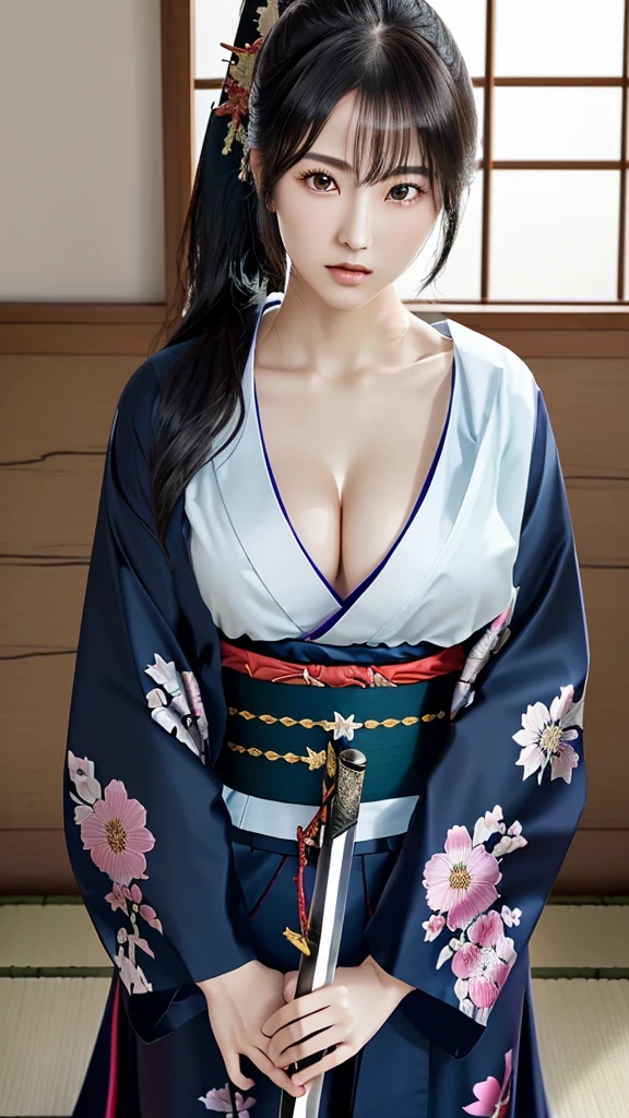 NSFW、最high quality、high quality、best image quality、8K、最High resolution、High resolution、最high quality、masterpiece、extreme close up portrait、RAW photo、realistic atmosphere、cleavage:1.5, big breasts:1.5(detailed face)、(fine hands、thumb１reference４)、(beauty of japan )、very nice face、cute face、((beautiful japanese girl))、(japanese woman), ((22 year old beautiful girl))、(glossy black hair)、(straight long hair)、(ponytail)、whole body、medium body、(shiny skin)、(Fair skin, Glossy skin)、real human skin、realistic human body structure、perfect body， perfect face， perfect hands， perfect fingers， perfect lips， perfect eyes，perfect teeth、perfect background， perfect atmosphere， natural soft light、photon mapping、japanese samurai、japanese samurai、Japanese swordsman、((Japanese female samurai holding a Japanese sword))、(girl wearing japanese samurai costume)、warrior girl、Japanese sword、japanese traditional、((Japanese sword(gently curved long sword))、Inspired by Miyamoto Musashi、Inspired by Oda Nobunaga、Inspired by Sengoku warlords、((A girl holding a sharp Japanese sword))、((Transparent random color metallic with floral pattern(samurai kimono、Hakama with slit))、A dynamic stance that reflects the swordsmanship cultivated as a samurai.、stance of unsheathing、Attitude without presence