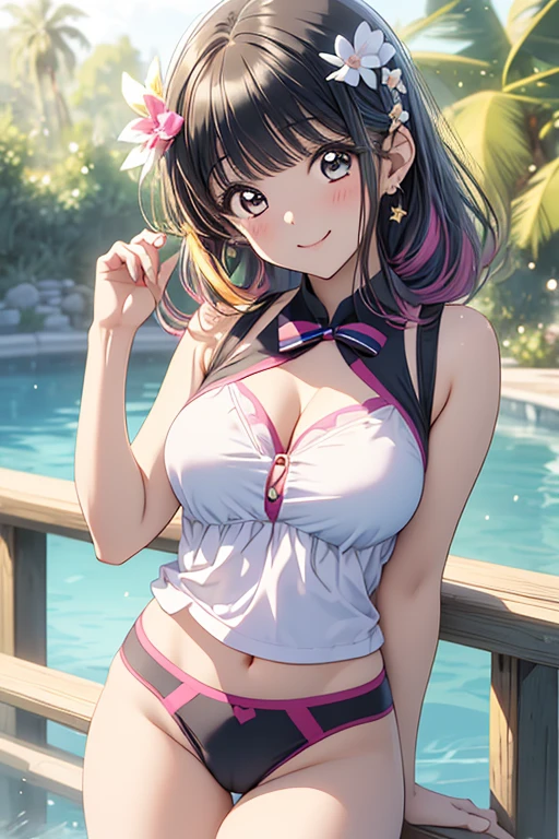 Best image quality, 8K, high quality, masterpiece:1.2), ((masterpiece)), (High detail, high quality, Best image quality), Bokeh, Depth of written boundary, Portraiture, Open Stance, (Cute illustrations:1.2), Poolside, (Multiple girls with different hair colors and styles:1.2), Three Girls, Dawn, Beautiful light, Professional Lighting, (Mid-chest), ( Bright colors ), (Love Live Sunshine), Cute round face girl, sexy, Dynamic pose, An exciting mood, smile, Dynamic Angle, Underarm,, ((Crotch cutout, No crotch, No pants, Pussy, ,, Big Breasts, blush)),
