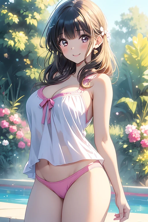 Best image quality, 8K, high quality, masterpiece:1.2), ((masterpiece)), (High detail, high quality, Best image quality), Bokeh, Depth of written boundary, Portraiture, Open Stance, (Cute illustrations:1.2), Poolside, (Multiple girls with different hair colors and styles:1.2), Three Girls, Dawn, Beautiful light, Professional Lighting, (Mid-chest), ( Bright colors ), (Love Live Sunshine), Cute round face girl, y, Dynamic pose, An exciting mood, smile, Dynamic Angle, Underarm,, ((Crotch cutout, No crotch, No pants, Pus, Big Brea),