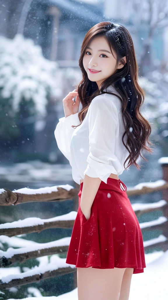 the Extremely Detailed CG Unity 8K Wallpapers、top-quality、ultra-detailliert、​masterpiece、realisitic、Photo Real、extremely detailed cute girl、25-years old、(skirt rift)、(skirt lift by yourself))、Different color panties for each image、panties focus、red blush、cparted lips、looking at the viewers、Half body shot､Beautiful woman wearing fashionable and classy clothes､Beautiful snowfall landscape with snowy mountains) Different hair lengths and waves for each image,Sweet smile