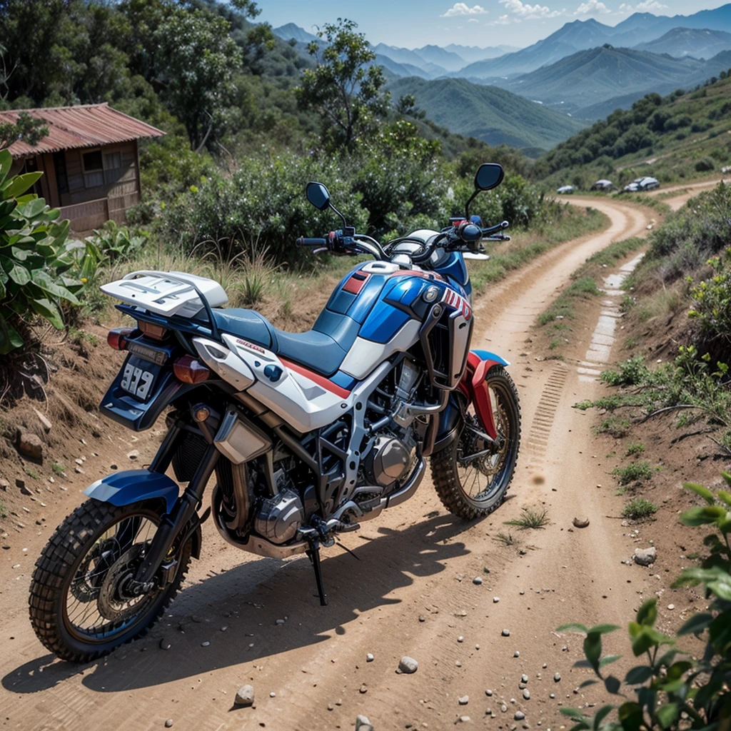 Uma moto big trail Honda africa twin na cor azul, white and red off road, pilot with black and blue detail clothing, typical mountains of Minas Gerais with lots of greenery and bush , little white house at the bottom of the valley, kicking up dust on the bend, dirt road, hyper realist, 50mm Lens