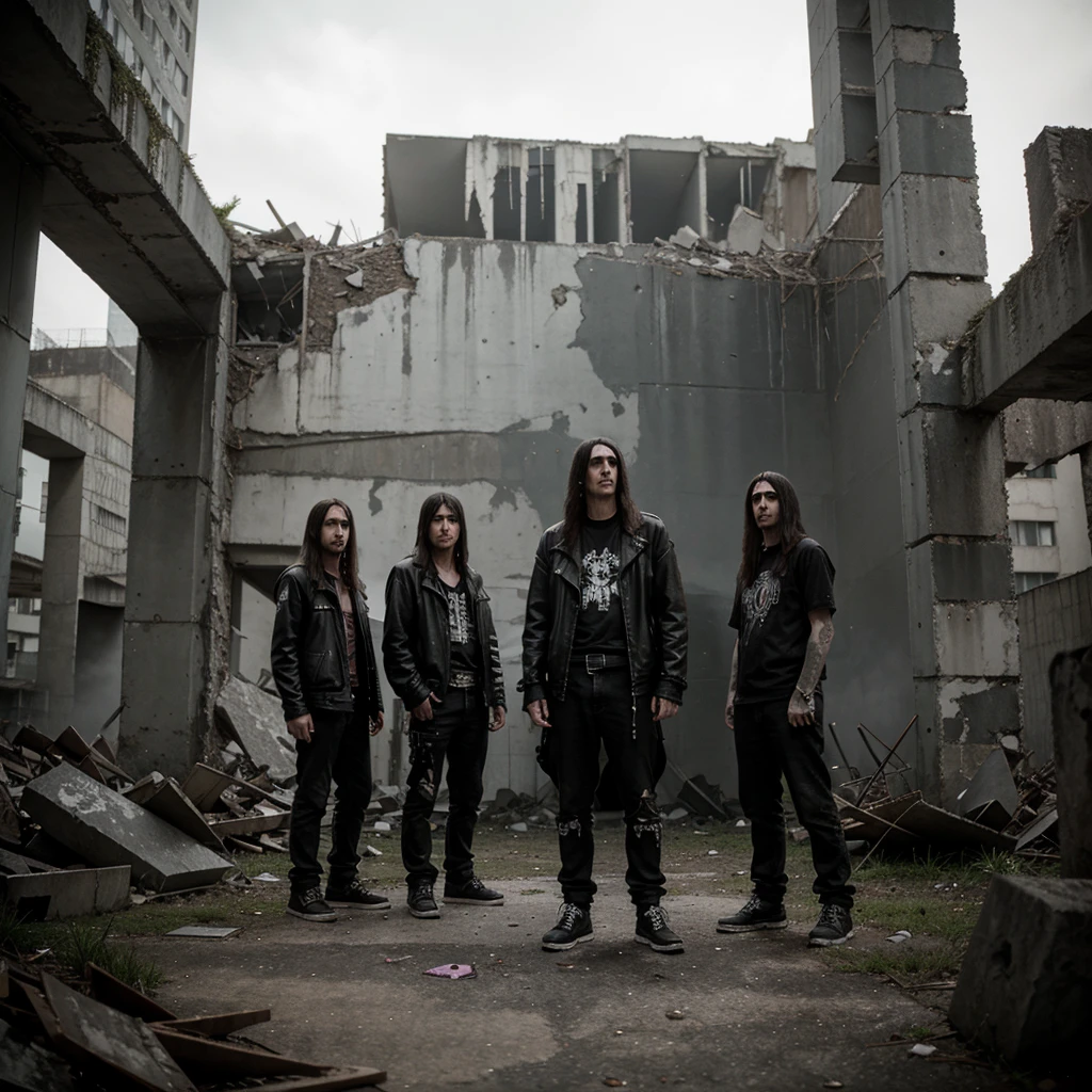 Hardcore 80's Black Metal punk in a brutalist city's ruins 