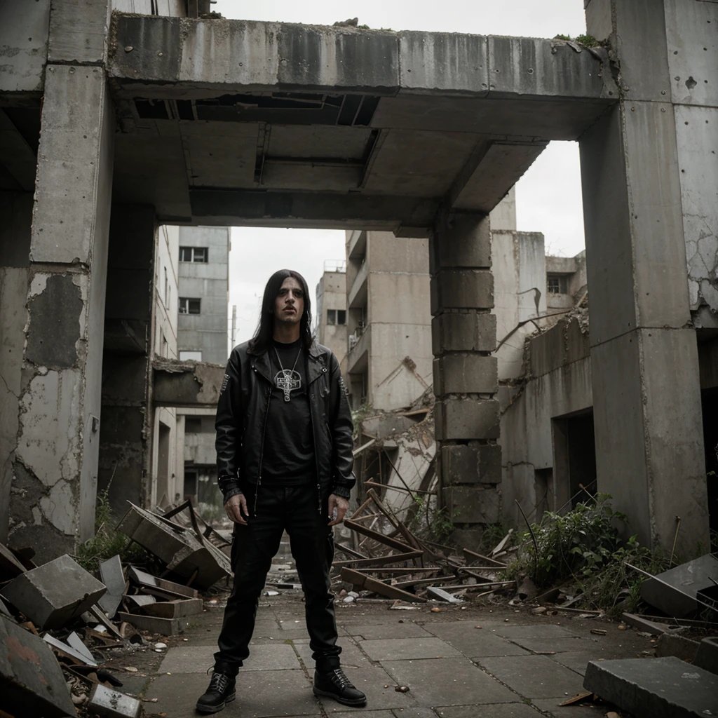 Hardcore 80's Black Metal punk in a brutalist city's ruins