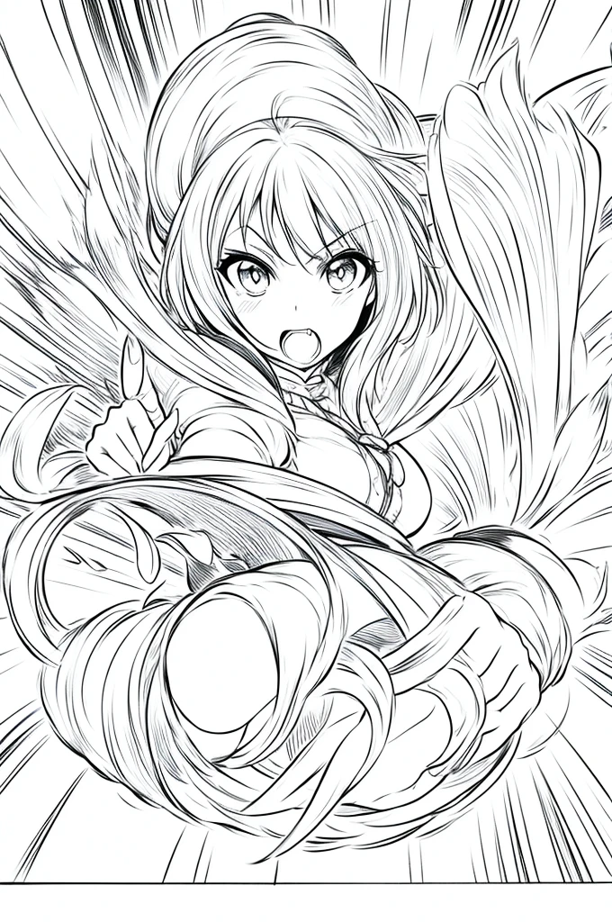 anime girl attacking with magic in her hand at a table in front , drawing