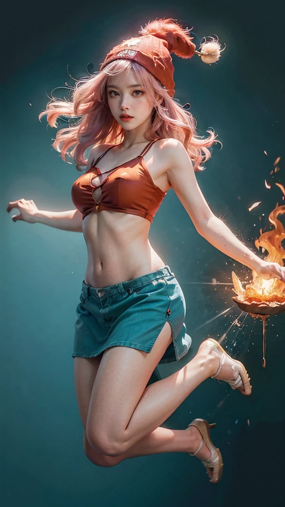 ((masterpiece,best quality)),(negative space:1.4),(1girl, solo:1.4),beautiful detailed eyes,floating pink hair, red hat, fireball, casting a fire spell, orange and red fractals background, looking to the side, teal eyes, fullbody, jumping