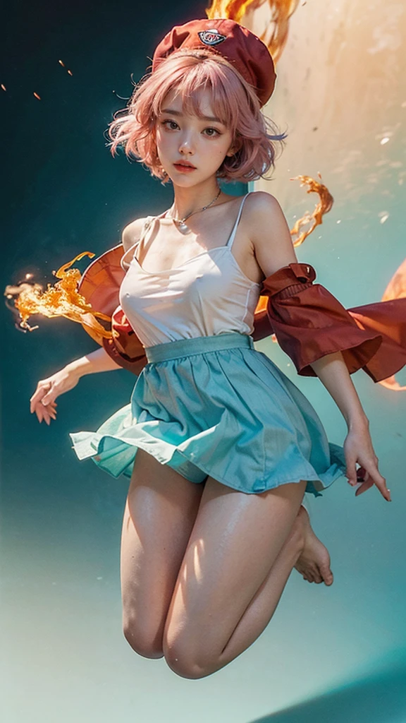 ((masterpiece,best quality)),(negative space:1.4),(1girl, solo:1.4),beautiful detailed eyes,floating pink hair, red hat, fireball, casting a fire spell, orange and red fractals background, looking to the side, teal eyes, fullbody, jumping