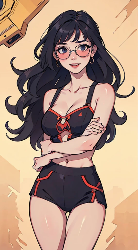 (best quality,4k,8k,highres,masterpiece:1.2),ultra-detailed,(realistic,photorealistic,photo-realistic:1.37),illustration by artgerm and gerald brom, attractive woman, perfect body, big smile, dark sunglasses, hyperfeminine curves, cute and playful pose, vibrant, expressive