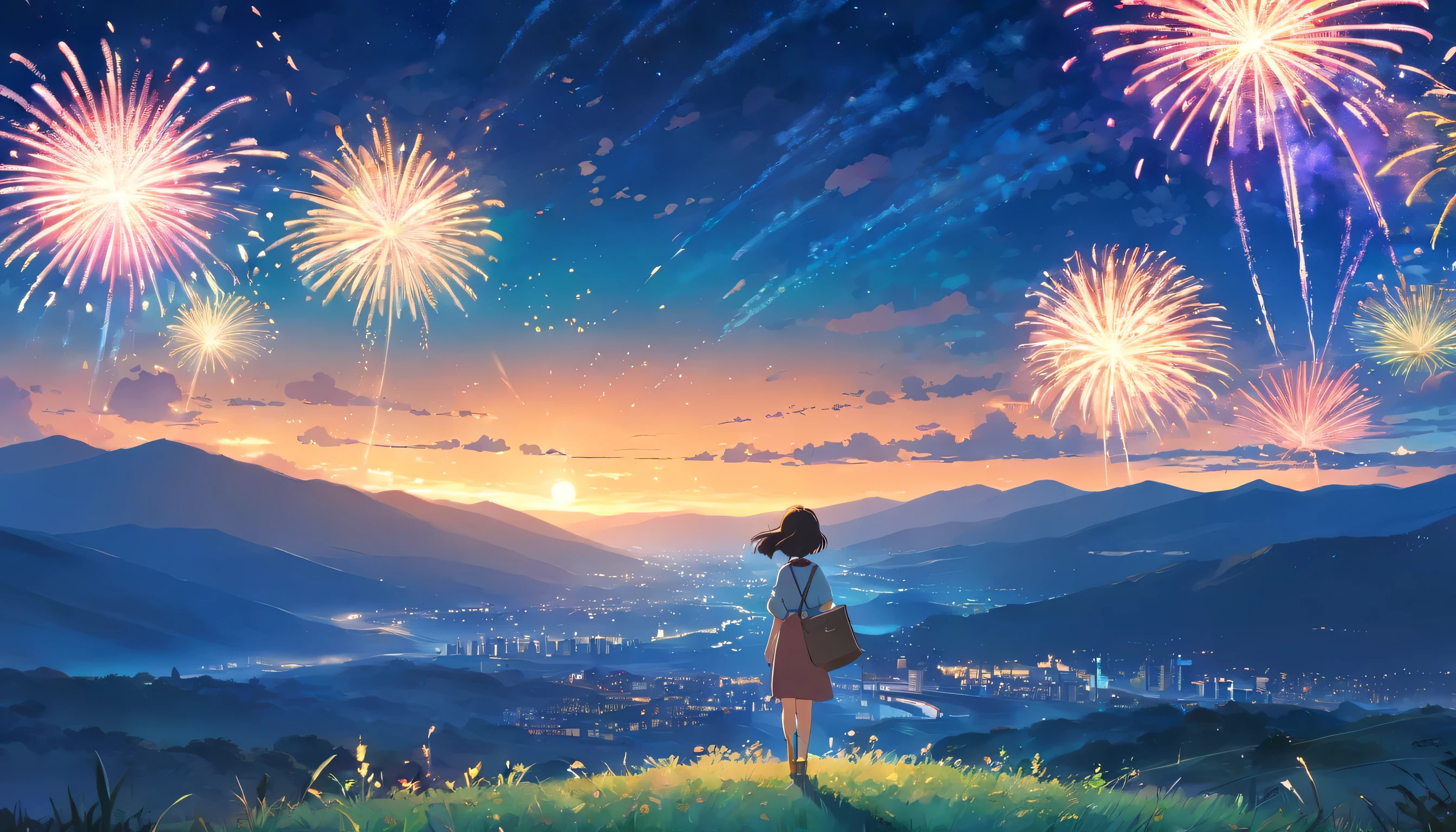 flame놀이가 있는 밤하늘, There is a style of Van Gogh&#39;s Starry Night painting., Rolling hills in the background, flame