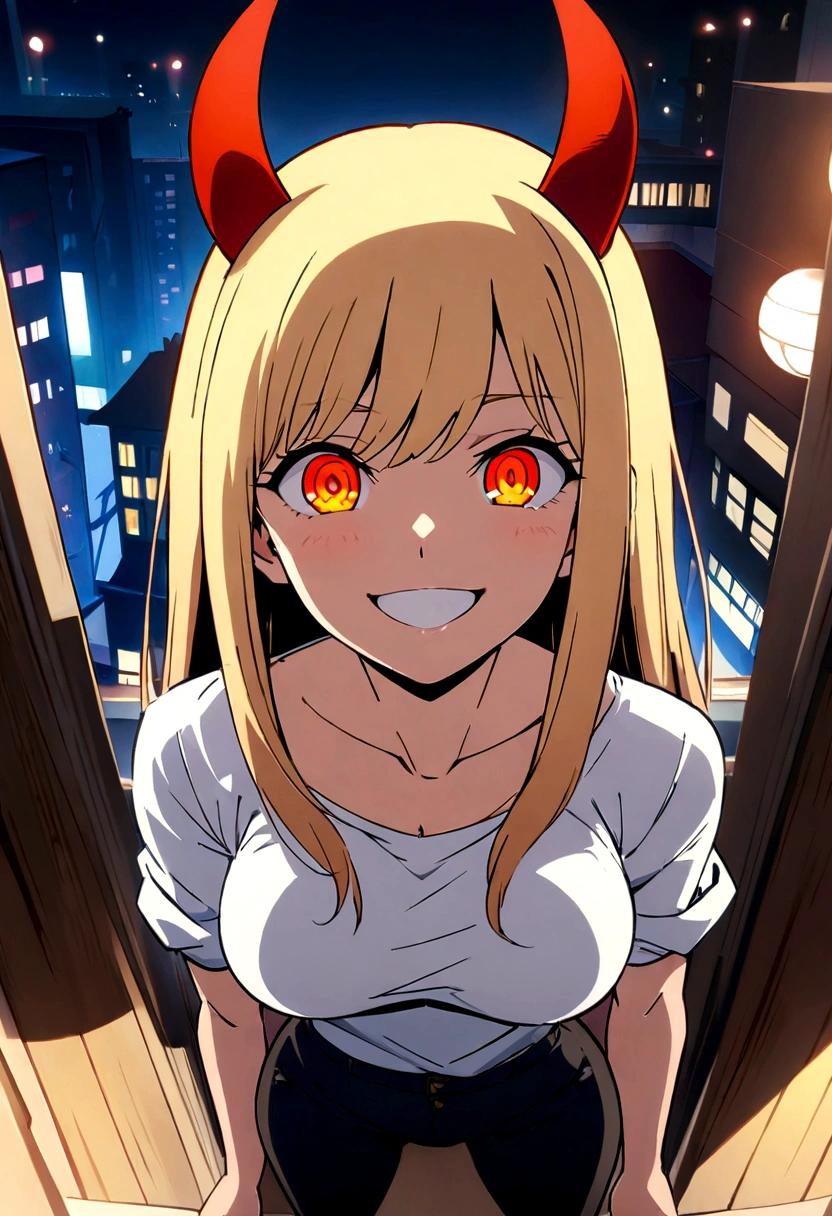sex, thug, waist, legs, buttocks, pectorals, camera from above, Frame from above, the night, lights, look at the viewer, smile, SMILE, Criminal, laughing, bloomed shirt, handsome body(Perfect Anatomy 1.1), medium chest size, naked breasts, loca, White shirt, black pants, Rolled up pants, Red shoes, vulgar, erotica, half naked, Beautiful breasts, waist, sexy body, high resolution, 1 girl, Alone, long hair, blonde woman, dangerous,vivid eyes,yellow eyes, Odin, fascinating eyes,safe,superior, Mischievous, (force \(chainsaw man\),), red horns, Power from a chainsaw, red horns on the head., Anime genial 8K, clean and detailed anime art., 4k manga wallpapers, detailed portrait of anime girl, 4K animated style, 4K anime art wallpapers, Masterpiece anime art wallpaper 4K, gorgeous, Best Quality,