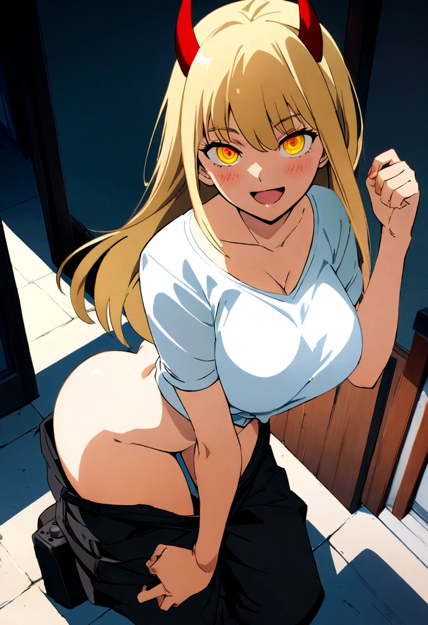 sex, thug, waist, legs, buttocks, pectorals, camera from above, Frame from above, the night, lights, look at the viewer, smile, SMILE, Criminal, laughing, bloomed shirt, handsome body(Perfect Anatomy 1.1), medium chest size, naked breasts, loca, White shirt, black pants, Rolled up pants, Red shoes, vulgar, erotica, half naked, Beautiful breasts, waist, sexy body, high resolution, 1 girl, Alone, long hair, blonde woman, dangerous,vivid eyes,yellow eyes, Odin, fascinating eyes,safe,superior, Mischievous, (force \(chainsaw man\),), red horns, Power from a chainsaw, red horns on the head., Anime genial 8K, clean and detailed anime art., 4k manga wallpapers, detailed portrait of anime girl, 4K animated style, 4K anime art wallpapers, Masterpiece anime art wallpaper 4K, gorgeous, Best Quality,