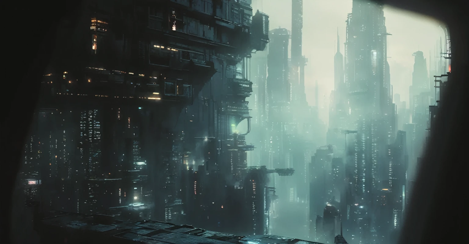 futuristic city with many tall buildings and a person standing on a ledge, cinematic science fiction shooting, hyper-realistic cyberpunk city, portrayed as a science fiction scene, dark futuristic city, Dystopian Cyberpunk City, future science fiction scene new york, dystopian futuristic city, dystopian digital concept art, science fiction cinematic film still, cyberpunk city abandoned, Dark Cyberpunk Metropolis