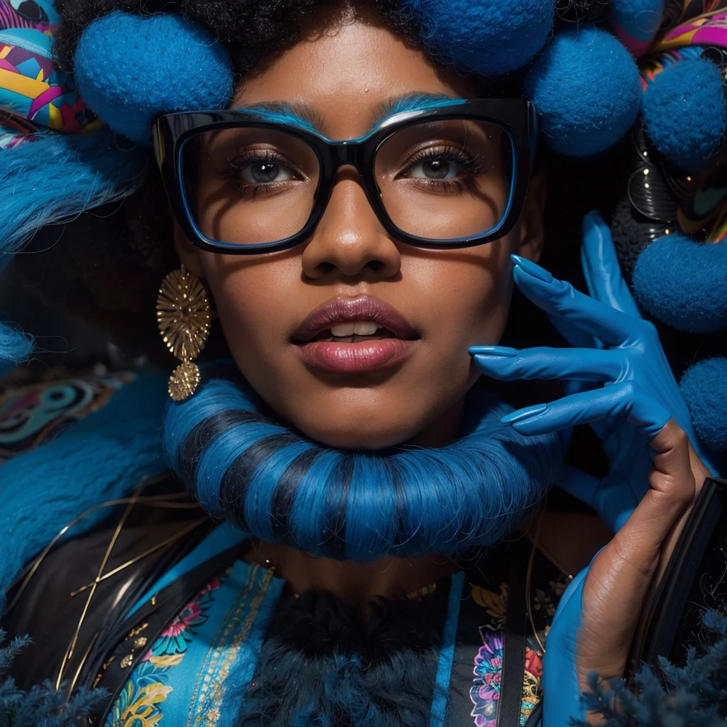 Beautiful black woman with afro hair for advertisement of stylish blue-framed glasses, swirly vibrant colors, hyper realistic art in 4k, hyper realistic hair