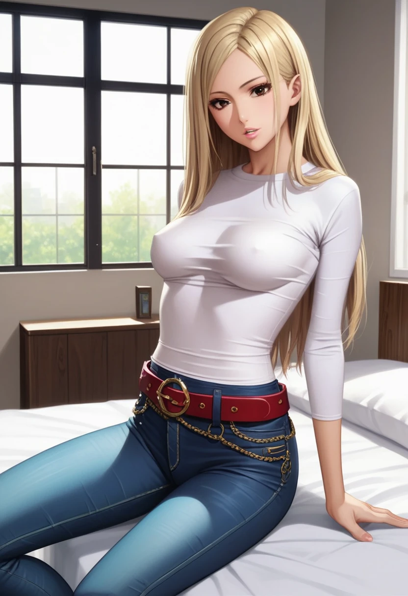 score_9_up, score_8_up, score_7_up, 1girl, solo, mature female,((Tsukumo Yuki)), ((blonde long hair)), brown eyes, pink lips, parted lips, fit slim body,(((perfect erected medium breast))) (((black tight top, tight jeans, belt))), (((highly detailed bedroom, window, bed))), perfect fit model body, seductive pose