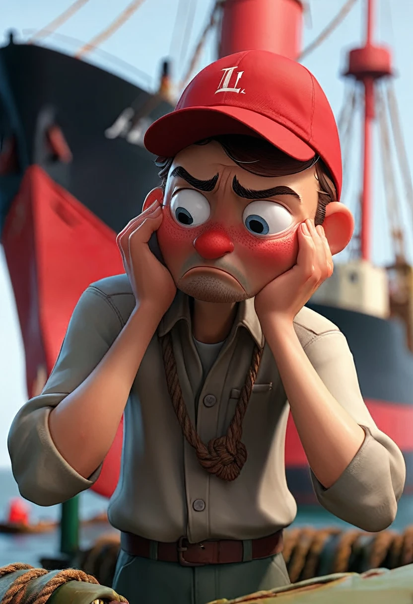 Image shows a man with a red cap written "PT", the man is crying and is making an "L" with his hands.  In the background there is a sinking ship. 