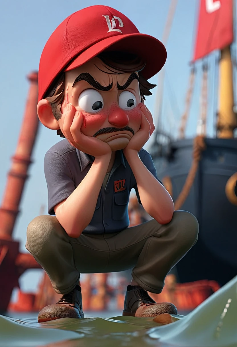 Image shows a man with a red cap written "PT", the man is crying and is making an "L" with his hands.  In the background there is a sinking ship. 