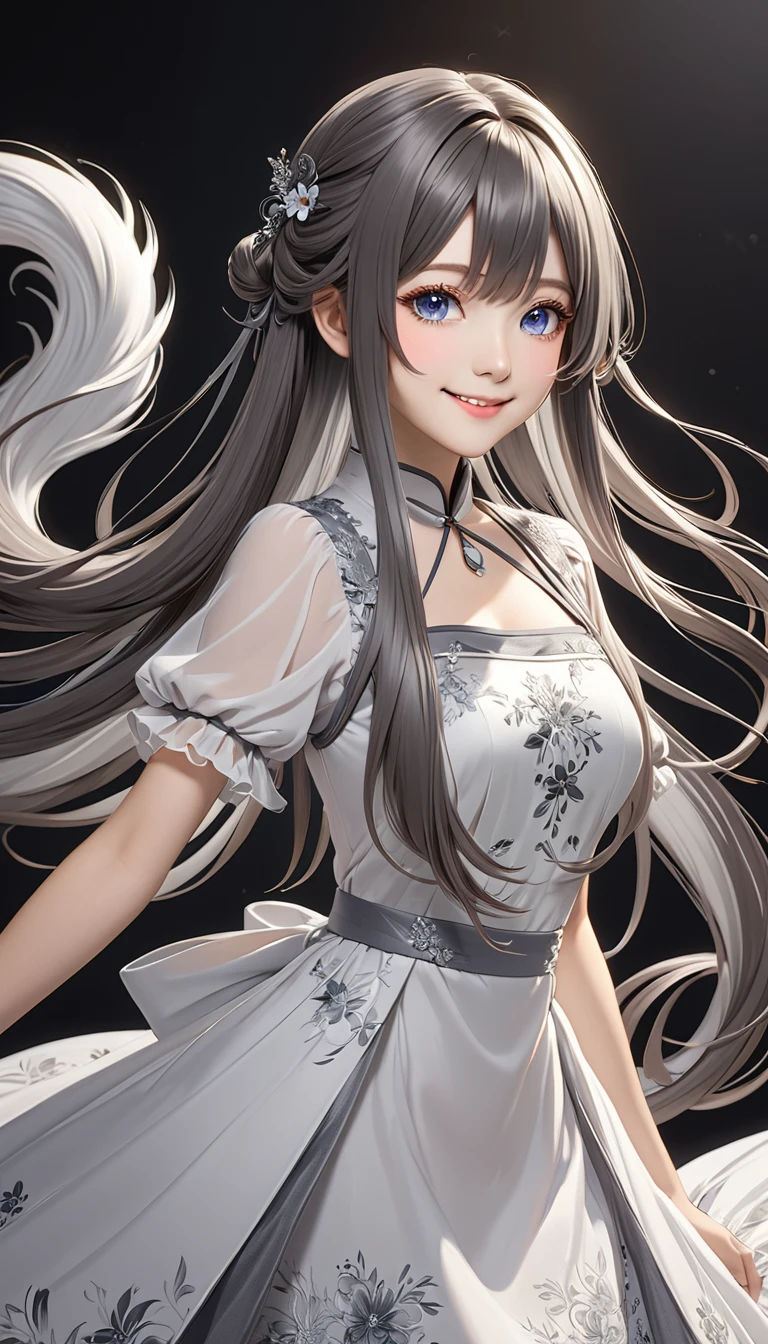 (Double tail), Colored highlighted hair, dark gray long hair,, 1個女孩綁著Double tail, highly detailed eyes, dress, Smile