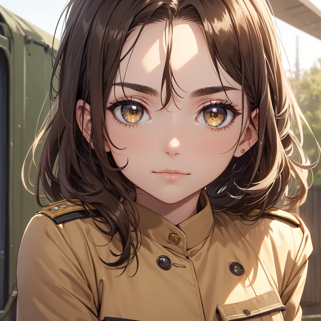 (8K, Best Quality, Masterpiece, Ultra High Resolution) 1 Girl, Woman, Beautiful Eyes, Face Details, Dark Hair, Hair Tied Up, Gold Eyes, Pale Skin, Tan Colored Military Uniform, Tan Jacket, White Fitted Shirt, Outside, Military Camp, Countryside, Best Quality, Upper Body, Looking at the Viewer, Facing Viewer, Close Up
