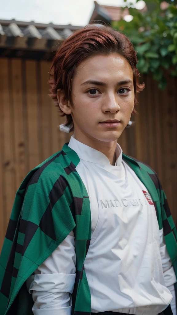 Prety young Boy, white skin, Messi hair, red hair, red eyes, brown uniform with green checkered cape, tanjiro kamado appearance https://images.app.goo.gl/UGrn1PMBAYNWMVkg9