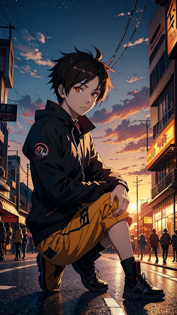 an anime character with orange eyes and dark hair in the middle of a city street, anime character portrait, stunning anime face portrait, naruto artstyle, anime style artwork, anime style 4 k, anime character art, anime art wallpaper 4 k, anime art wallpaper 4k, realistic anime art style, anime style hyper detailed, anime art style, anime portrait, anime trending artwork, realistic anime 3 d style, digital advanced anime art, advanced anime digital art, anime style art, anime art wallpaper 8 k, trending anime artwork, anime painting, a boy eith squad position