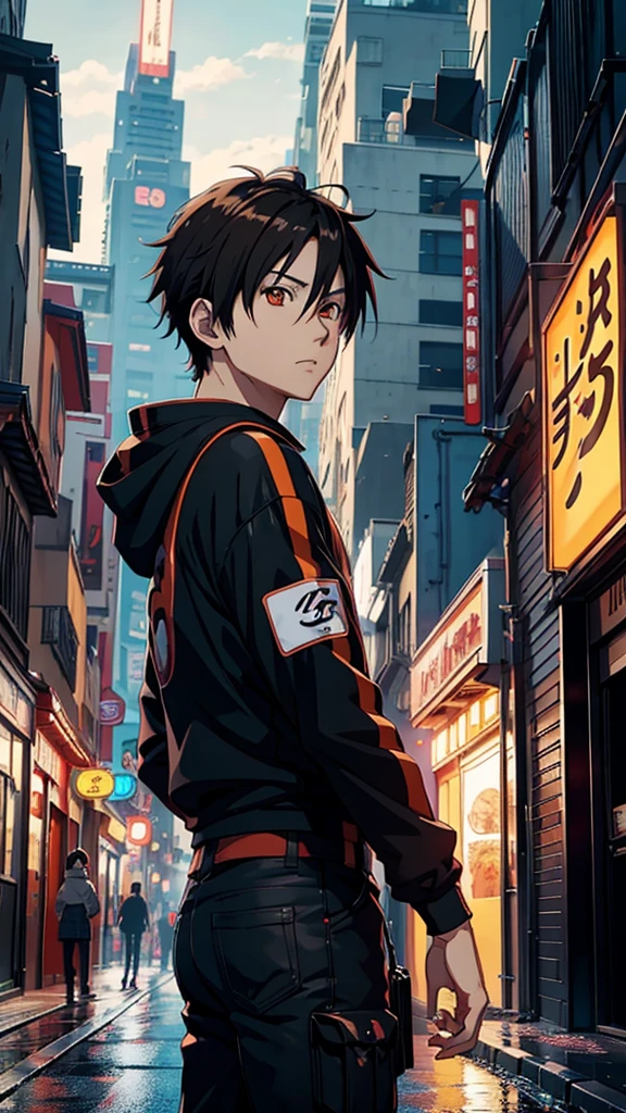 an anime character with orange eyes and dark hair in the middle of a city street, anime character portrait, stunning anime face portrait, naruto artstyle, anime style artwork, anime style 4 k, anime character art, anime art wallpaper 4 k, anime art wallpaper 4k, realistic anime art style, anime style hyper detailed, anime art style, anime portrait, anime trending artwork, realistic anime 3 d style, digital advanced anime art, advanced anime digital art, anime style art, anime art wallpaper 8 k, trending anime artwork, anime painting, a boy eith squad position