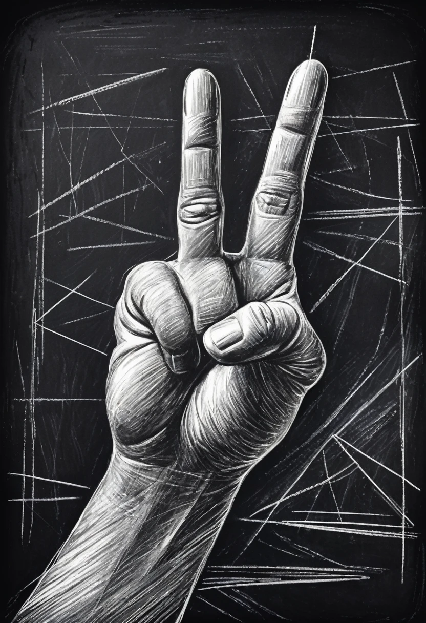 Hand showing middle finger gesture, sketching, drawing with white chalk on black board background. Detailed textures and lines, realistic style.