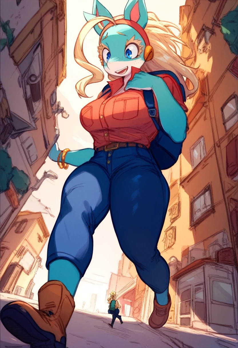 1girl,ippan josei,animal ears,backpack,bag,breast pocket,breasts,bed room,freckles,furry,giant,giantess,hairband,pants,pocket,shirt,snout,standing,walking,bangle,blonde hair, ahoge,blue eyes,colored skin,blue skin,multicolored skin,white skin,