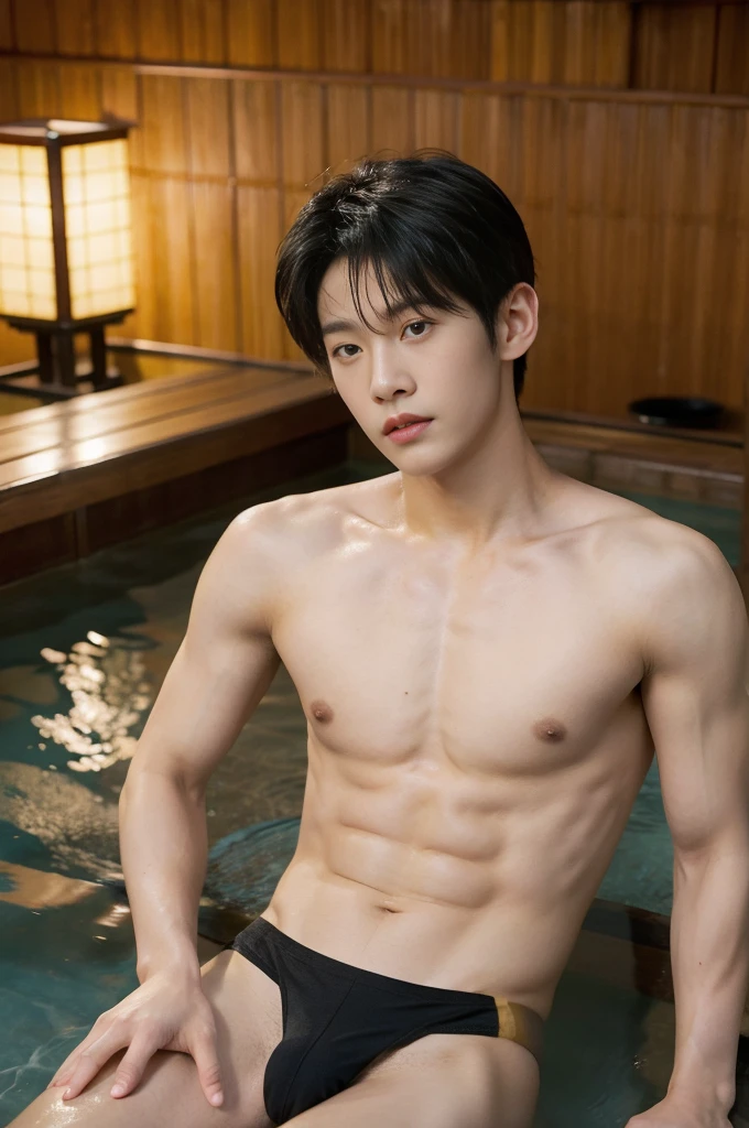 1boy,  asian young man, muscular, twink, normal body, Bang Hair, black thong, in the Onsen hot springs