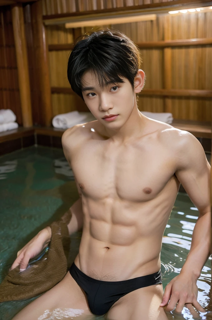 1boy,  asian young man, muscular, twink, normal body, Bang Hair, black thong, in the Onsen hot springs