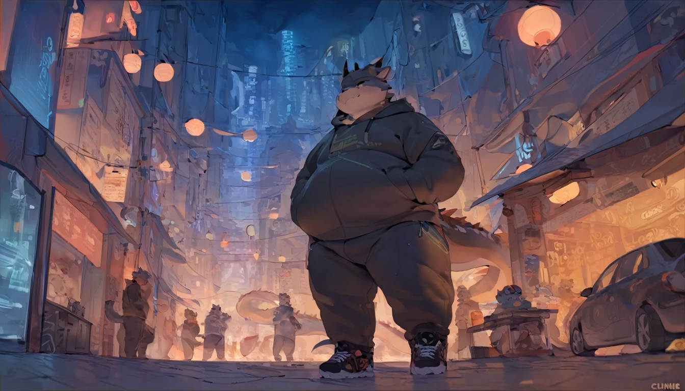 Dragon, male, adult, anthro, fat, chubby, plump,fetis chubby belly, cyberpunk fashion style, wearing black Hoodie, Long trousers, sneakers, out camera view, detailed background, colour full, In the middle of the city, Modern era, three point perspective,pixiv artwork,nijijourney, by quanjiang ,by chunie