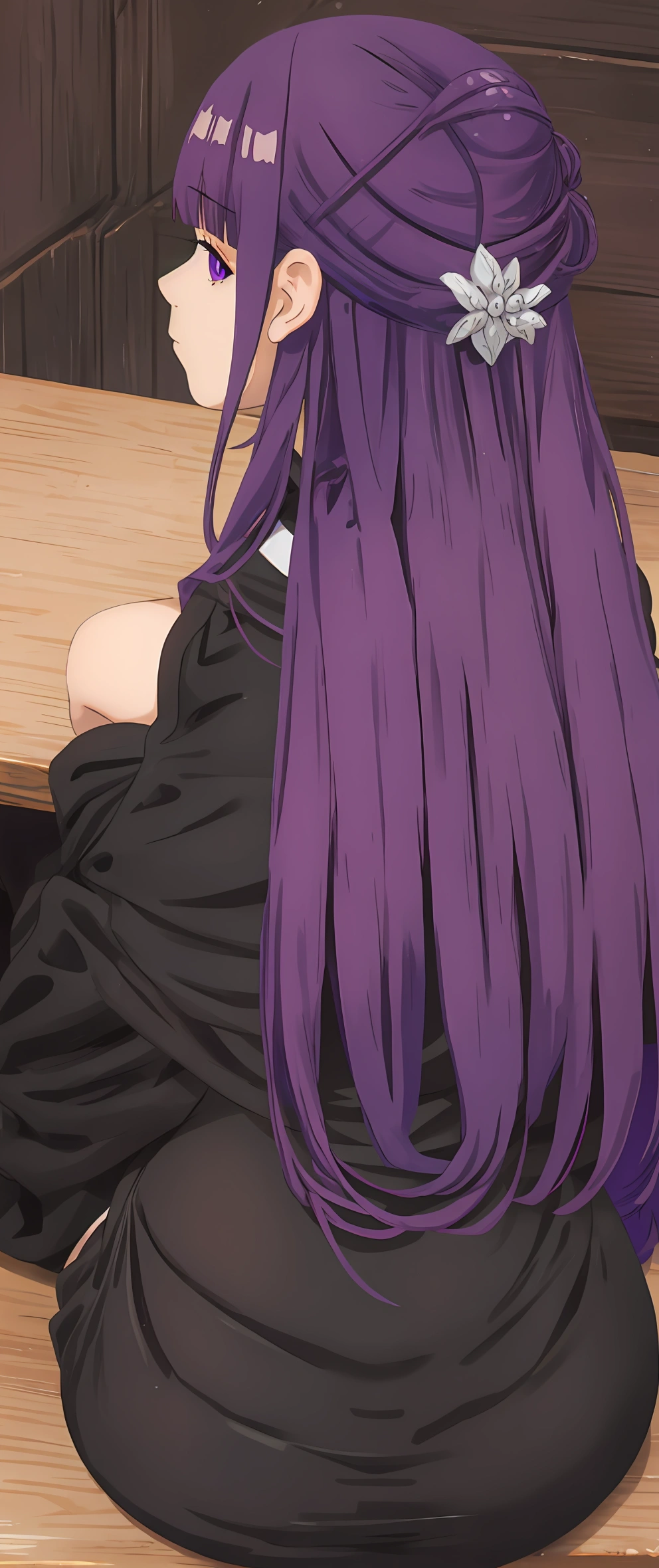 fern, 1girl, purple hair, from behind, sitting on table, huge ass, black dress, looking at viewer, from behind, from below