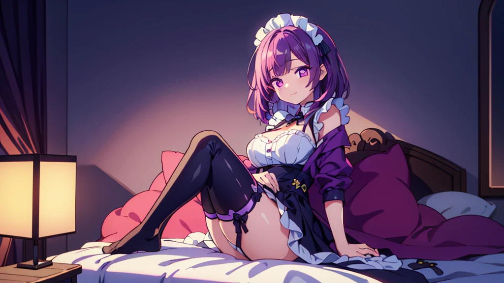 1girl, purple hair, purple eyes, nice hands, perfect hands, light smile, wearing maid costume, high res, ultrasharp, 8K, masterpiece, looking at viewer, delicate poses, light pink cute background, bedroom background, ,indoors, sitting in bed, hands in lap, thighs, thigh highs, confident, waiting for you, ultra detailed, best quality, beautiful,lovestruck expression, high detail textures, high detail eyes, bright colors,landscape,insanely detailed, absurdres, ultra-highres, ultra-detailed, best quality, nice hands, ultra detailed eyes, ultra detailed hair, ultra cute, ultra beautiful, full body shot