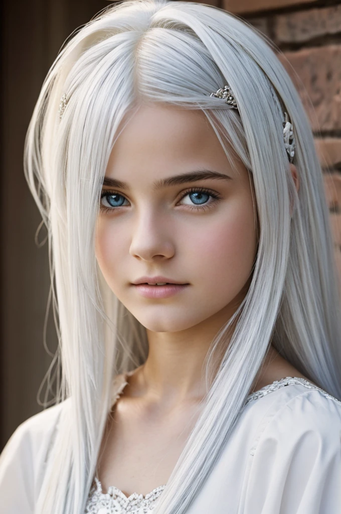 Realistic photograph of a 15 year old princess with white hair