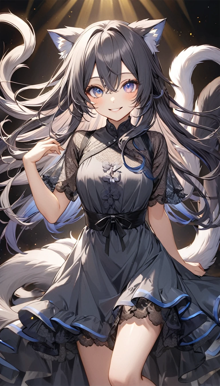 (Double tail), Colored highlighted hair, dark gray long hair,, 1個女孩綁著Double tail, highly detailed eyes, dress, Smile