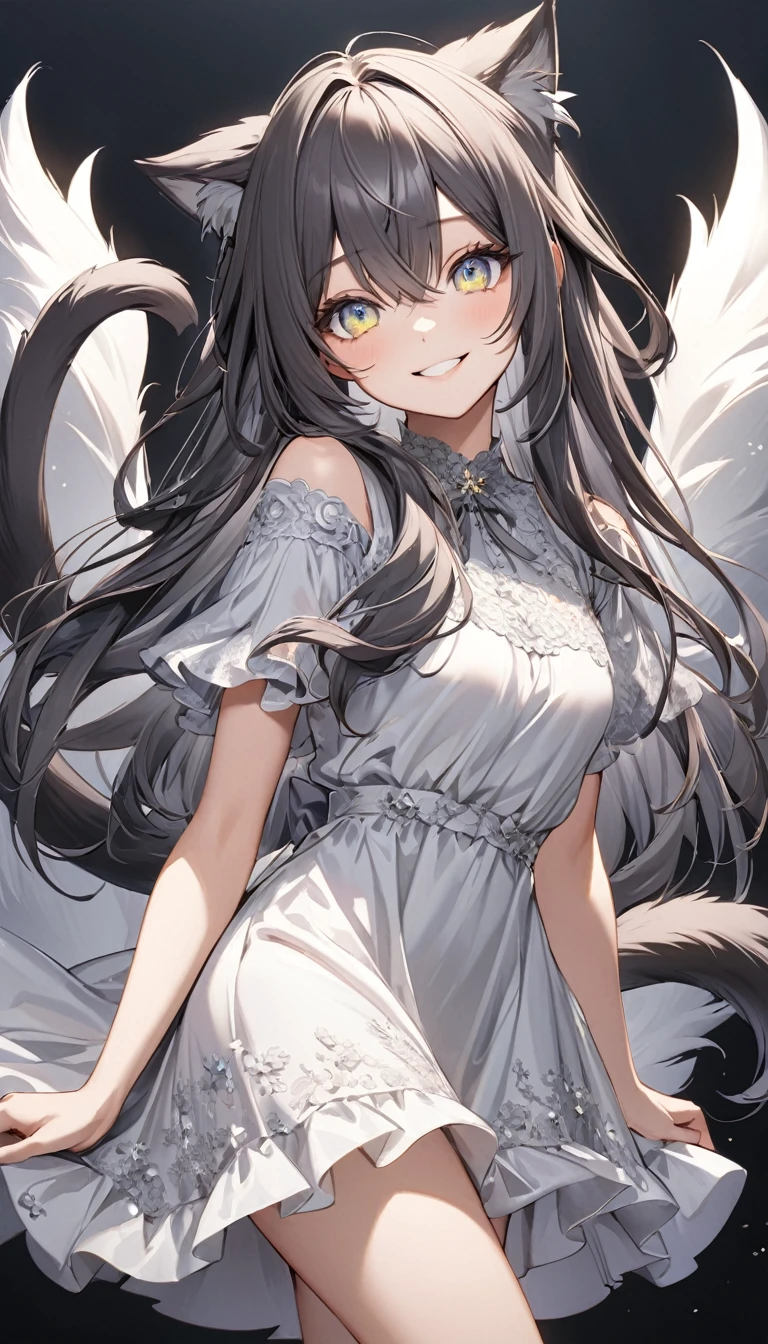 (Double tail), Colored highlighted hair, dark gray long hair,, 1個女孩綁著Double tail, highly detailed eyes, dress, Smile