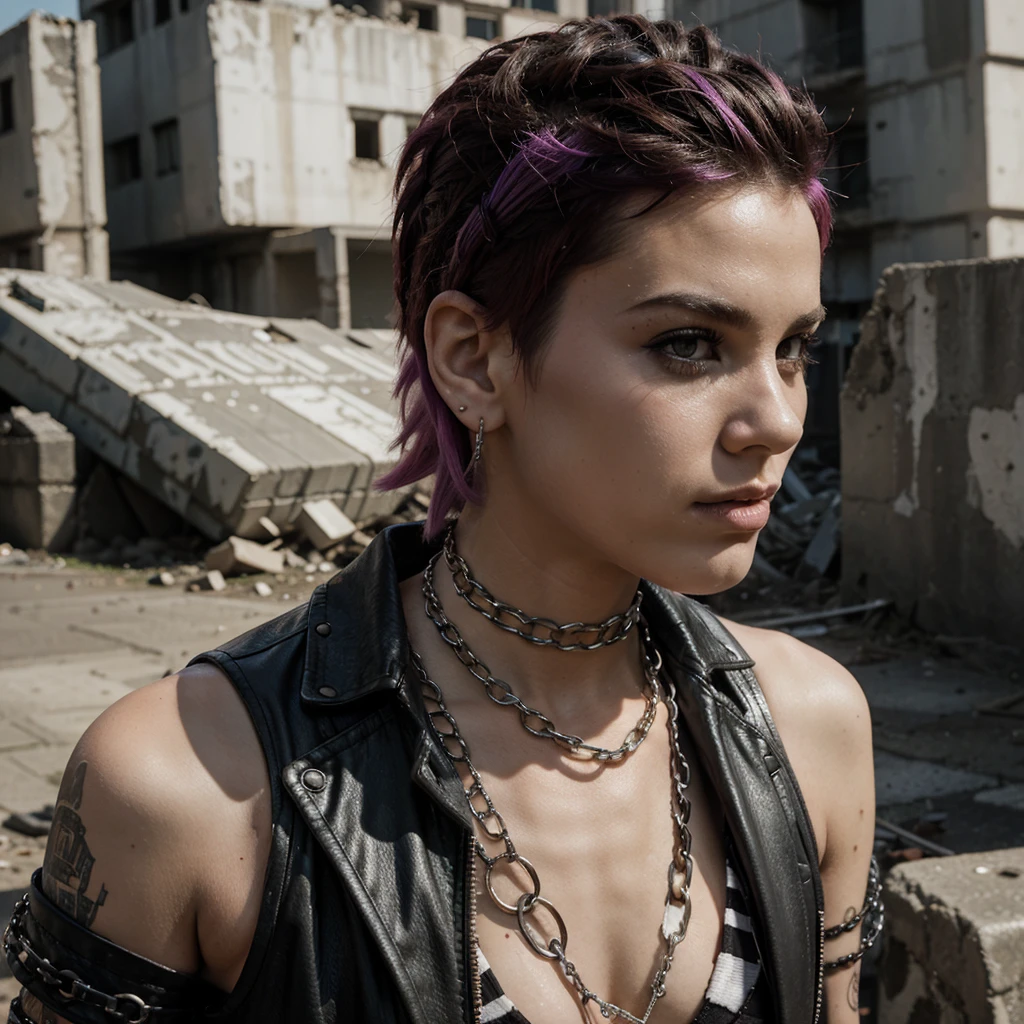 Hardcore 80's punk in a brutalist city's ruins. Bright mohawk hair and chains 