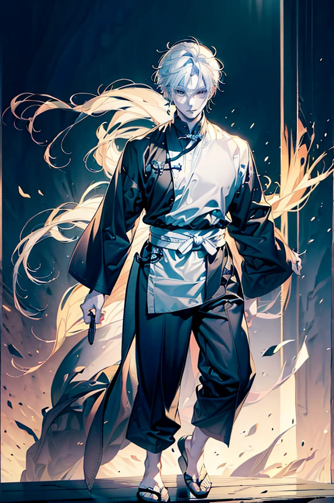 male anime character, anime rudo 8k, chinese ink style artwork, long black hair, waving with the wind, black eyes, white tunic with silver, wide tunic, taoist robe, cute boy, handsome prince, long tunic, male focus, powerful approach, elegant aura, white colors, Dorado, silver and light blue, Handsome guy, Handsome boy, intelligent