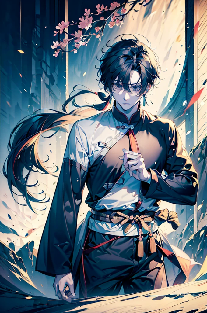 male anime character, anime rudo 8k, chinese ink style artwork, long black hair, waving with the wind, black eyes, white tunic with silver, wide tunic, taoist robe, cute boy, handsome prince, long tunic, male focus, powerful approach, elegant aura, white colors, Dorado, silver and light blue, Handsome guy, Handsome boy, intelligent