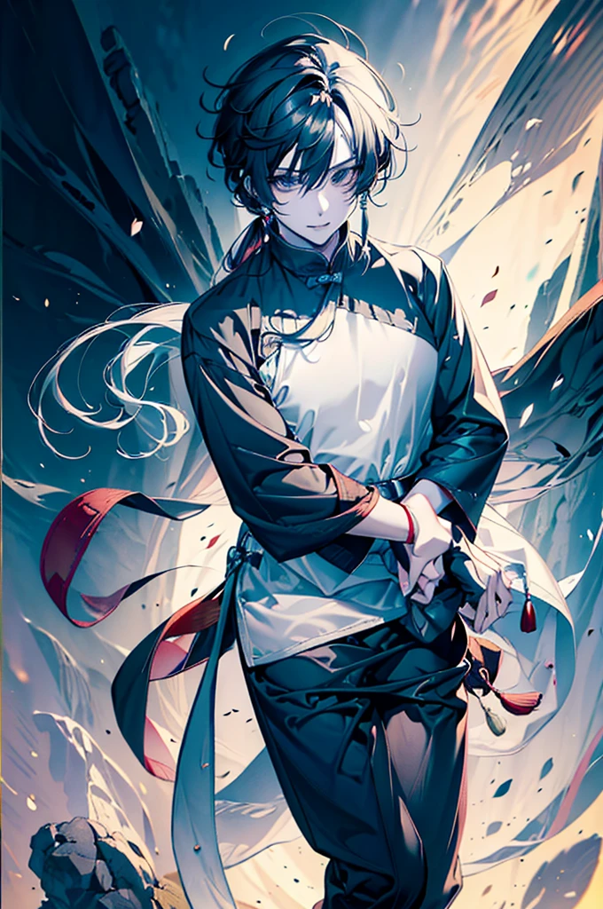 male anime character, anime rudo 8k, chinese ink style artwork, long black hair, waving with the wind, black eyes, white tunic with silver, wide tunic, taoist robe, cute boy, handsome prince, long tunic, male focus, powerful approach, elegant aura, white colors, Dorado, silver and light blue, Handsome guy, Handsome boy, intelligent