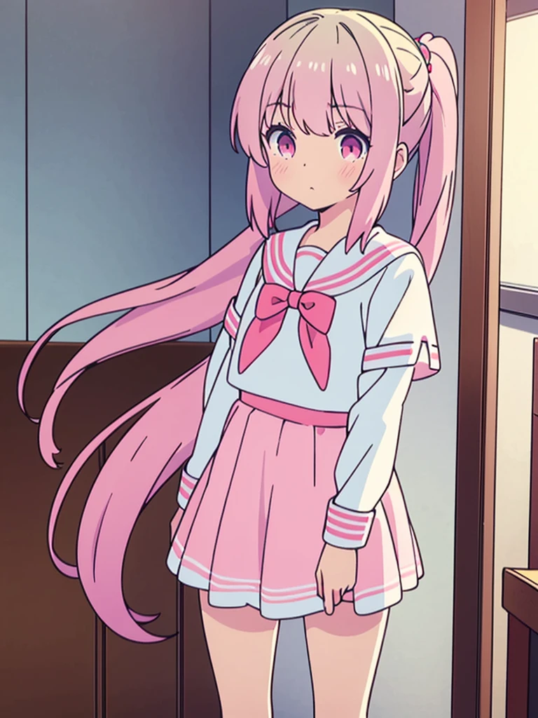 long light blue fur,deep red pink eyes,Hair up with two pink scrunchies.,Short double ponytail,Qi bangs,There are two long hair curtains on both sides.,Wearing a white sailor uniform.,Short skirt,Raise your bangs with hairpins,The sleeves are long,Fresh environment,warm color palette,The eyes have God.,to emphasize,Masterpiece,rubor rubor cuerpo completo Short skirt tableada medias largas blancas