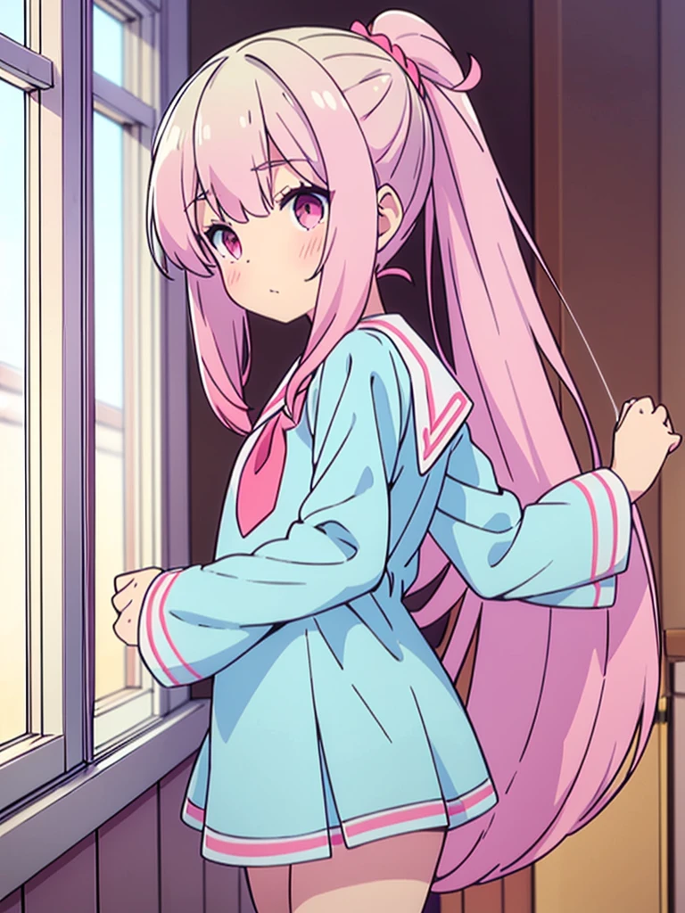 long light blue fur,deep red pink eyes,Hair up with two pink scrunchies.,Short double ponytail,Qi bangs,There are two long hair curtains on both sides.,Wearing a white sailor uniform.,Short skirt,Raise your bangs with hairpins,The sleeves are long,Fresh environment,warm color palette,The eyes have God.,to emphasize,Masterpiece,rubor rubor cuerpo completo Short skirt tableada medias largas blancas