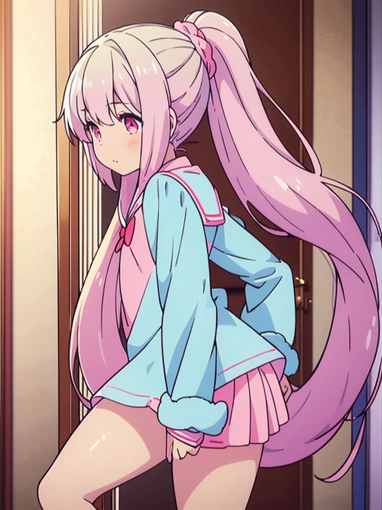 long light blue fur,deep red pink eyes,Hair up with two pink scrunchies.,Short double ponytail,Qi bangs,There are two long hair curtains on both sides.,Wearing a white sailor uniform.,Short skirt,Raise your bangs with hairpins,The sleeves are long,Fresh environment,warm color palette,The eyes have God.,to emphasize,Masterpiece,rubor rubor cuerpo completo Short skirt tableada medias largas blancas